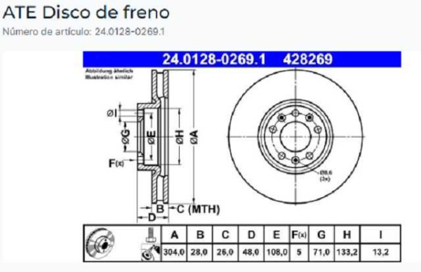 discos freno ate (d)(v)(5h)(304) peug 308 3008 5008 (16 ) 2008