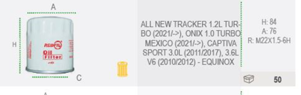 filtro aceite all new tracker 1.2l turbo (2021/ >), onix 1.0 turbo mexico (2021/ >), captiva sport 3.0l (2011/2017), 3.6l v6 (2010/2012) equinox