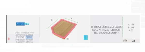 filtro aire redfil jac t8 jac t6 diesel