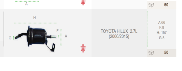 filtro combustible redfil toyota hilux 2.7l 