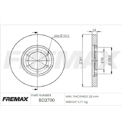 discos freno fremax (ventilado)(6huecos)(261) bongo k2500 (07 11) k2700 4x2 (99 )