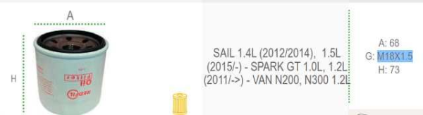 filtro aceite redfil sail fo4509 m18x1.5 spark gt van n200 n300 