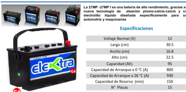 BATERIA ELEKTRA 12V 15PL 90AMP (CAJA 27)