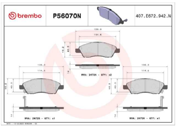 PAST. FRENO BREMBO (D) VERSA (12-19) MARCH (14-18) YARIS FASTBACK (23-24)