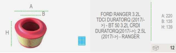 FILTRO AIRE REDFIL FORD RANGER 3.2L RDCI BT 50 RANGER